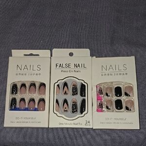 3 False Nail Press On Sets - Black, Pink, Nude